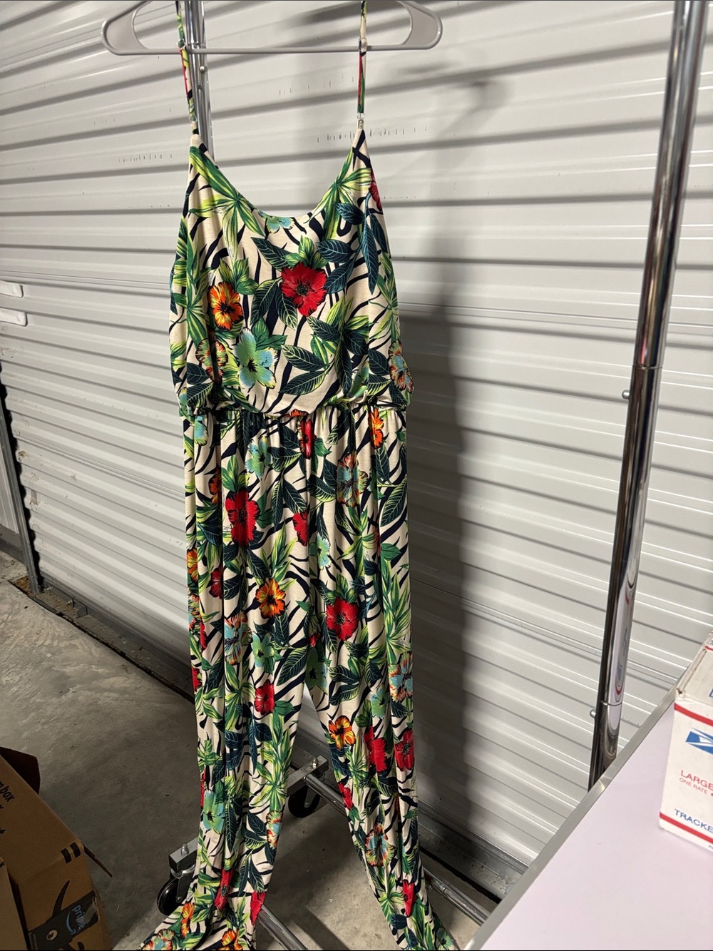 Tropical Floral Jumpsuit - Cream with Green & Red Floral Print